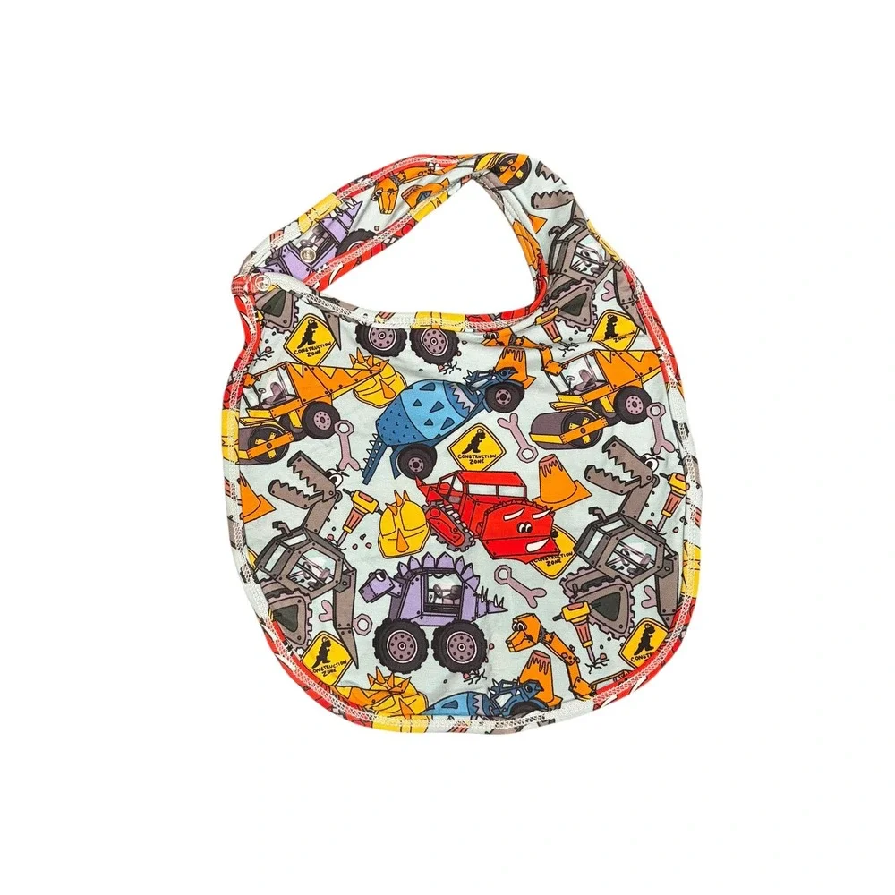 Construction Zone Dinosaur Trucks Baby Snap Bib Light Blue Bamboo Print